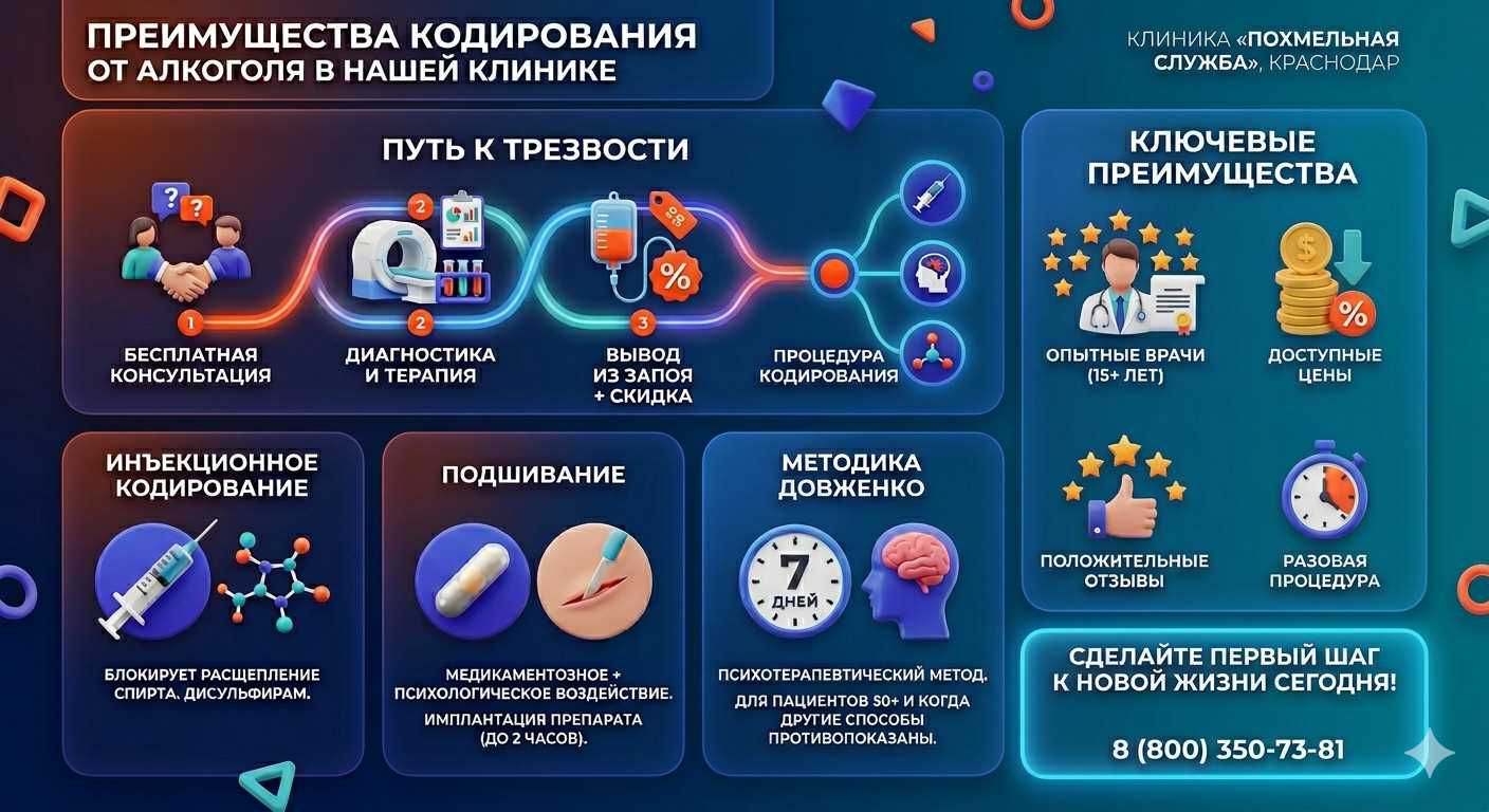 Инфографика о методах кодирования от алкоголя в Починке: инъекции, подшивание, метод Довженко. Преимущества клиники и этапы лечения.