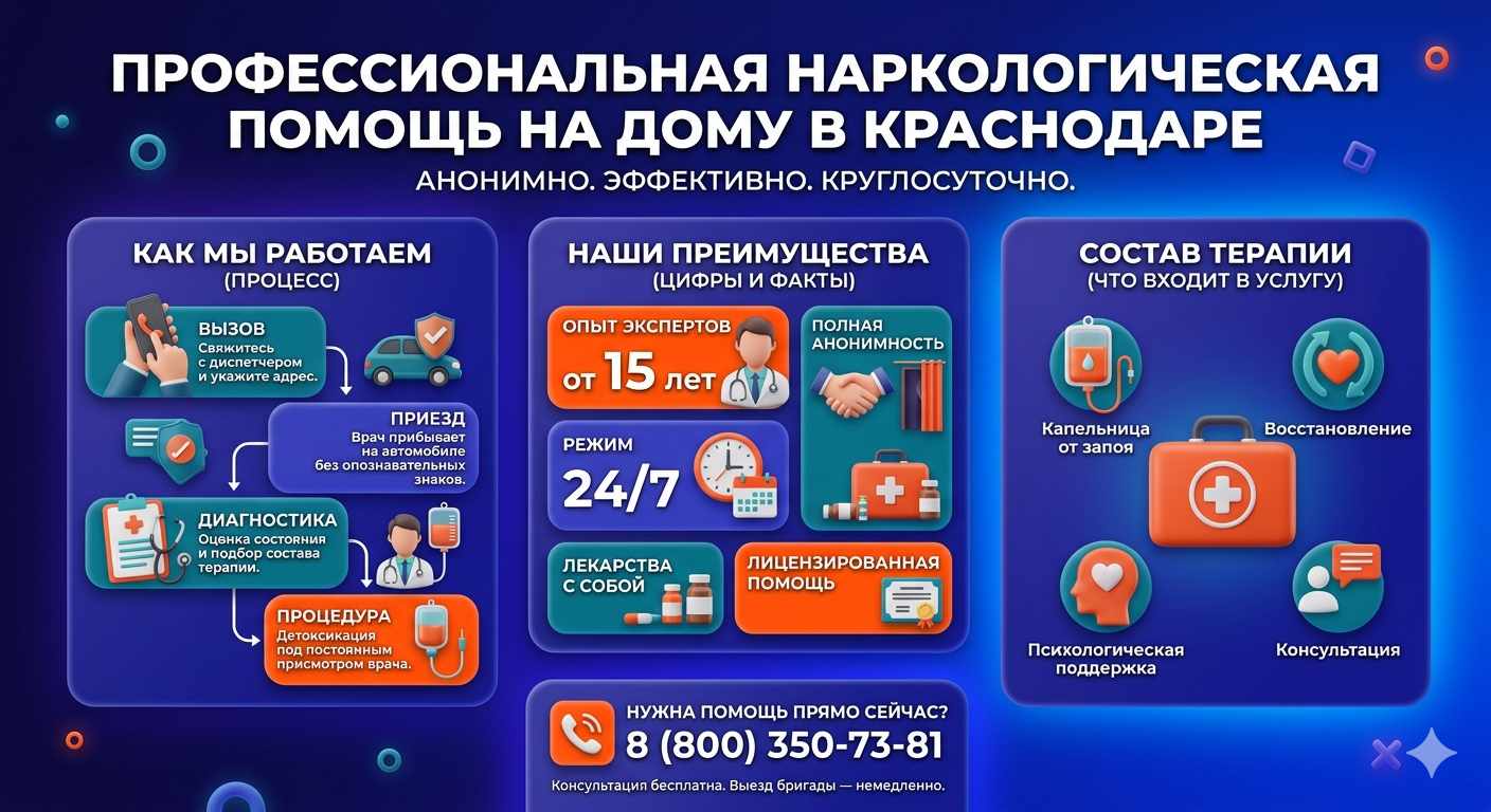 Инфографика о принципах лечения алкоголизма на дому в Починке: этапы вызова нарколога, преимущества анонимной детоксикации и состав медицинской помощи.